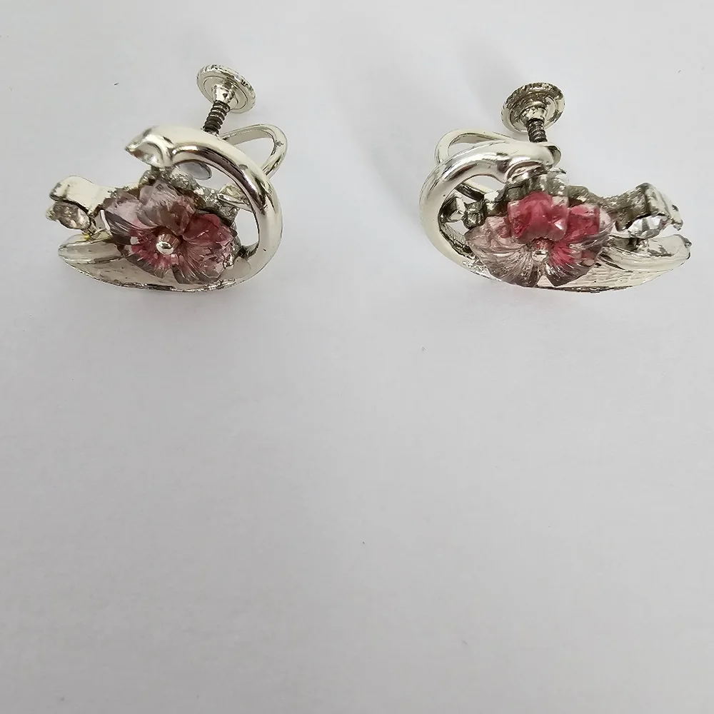 Vintage Signed Coro Pink Sugar Flower Screw-Back Earrings - 1940s/50s